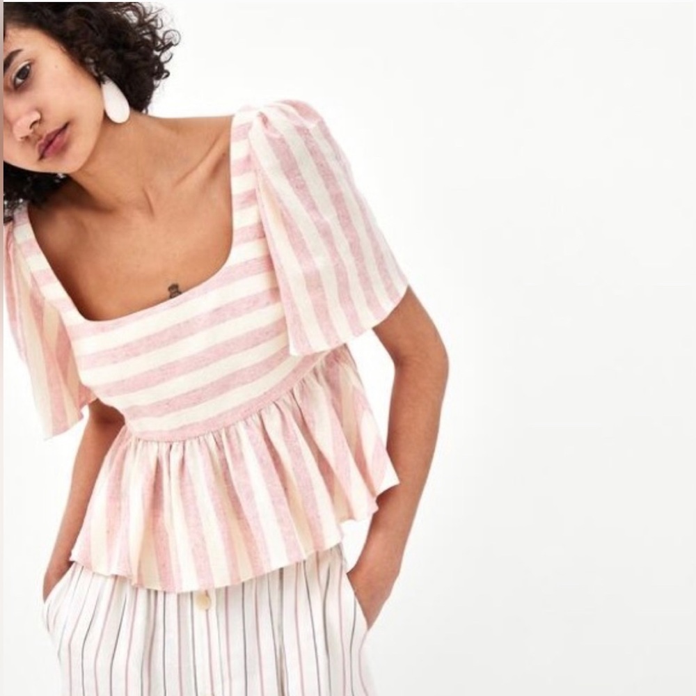 Zara TRF Linen Pink White Striped Square Neck Flutter Sleeve Crop Peplum Blouse